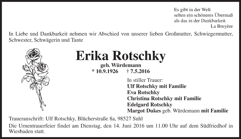  Traueranzeige für Erika Rotschky vom 04.06.2016 aus  Wiesbaden komplett