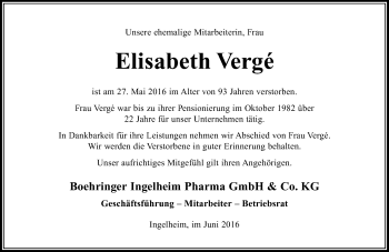 Traueranzeige von Elisabeth Verge von  Allgemeine  Zeitung Ingelheim-Bingen