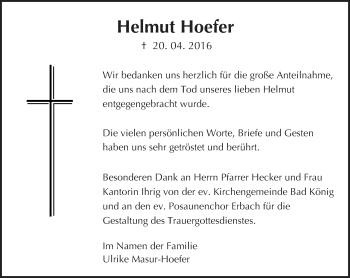 Traueranzeige von Helmut Hoefer von Trauerportal Echo Online