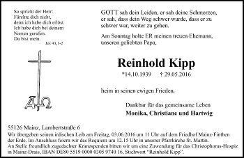 Traueranzeige von Reinhold Kipp von  Allgemeine Zeitung Mainz