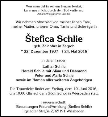 Traueranzeige von Stefica Schlie von  Wiesbaden komplett