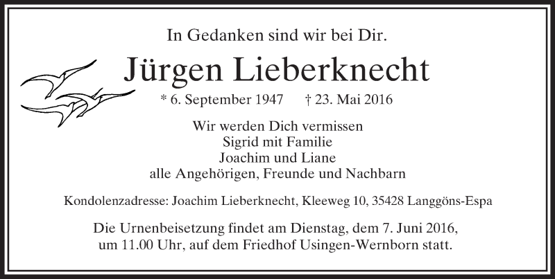  Traueranzeige für Jürgen Lieberknecht vom 04.06.2016 aus  Usinger Anzeiger