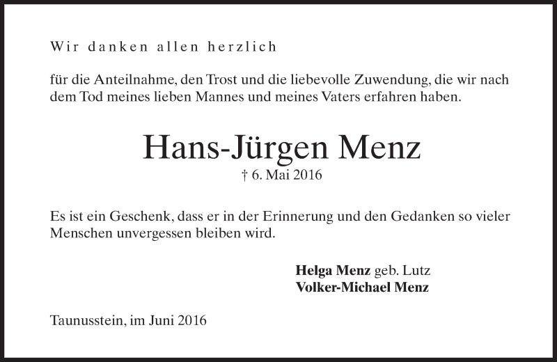  Traueranzeige für Hans-Jürgen Menz vom 04.06.2016 aus  Wiesbaden komplett