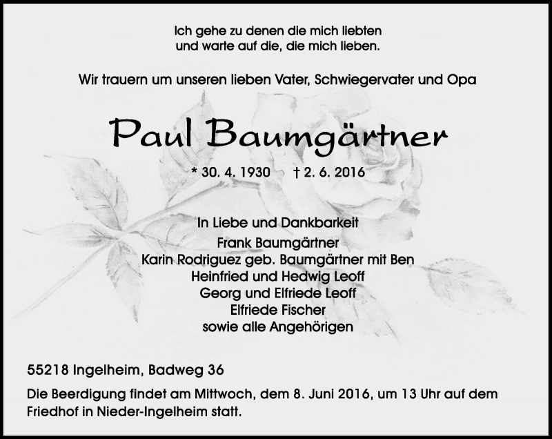  Traueranzeige für Paul Baumgärtner vom 06.06.2016 aus  Allgemeine  Zeitung Ingelheim-Bingen