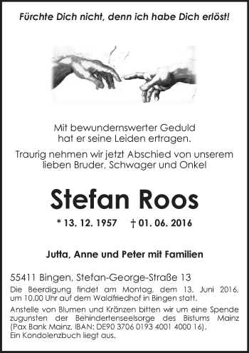 Traueranzeige von Stefan Roos von  Allgemeine  Zeitung Ingelheim-Bingen