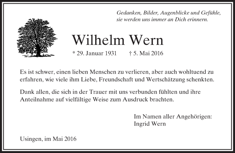  Traueranzeige für Wilhelm Wern vom 18.06.2016 aus  Usinger Anzeiger