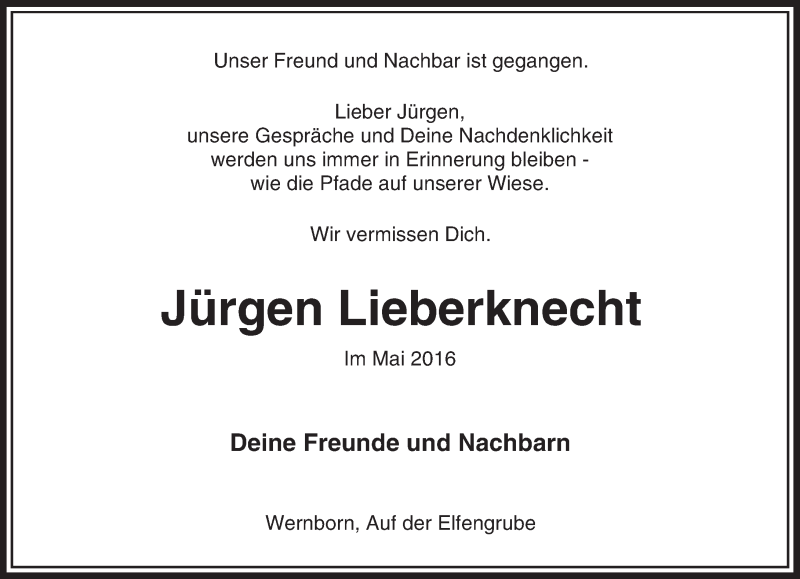  Traueranzeige für Jürgen Lieberknecht vom 04.06.2016 aus  Usinger Anzeiger