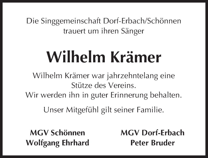  Traueranzeige für Wilhelm Krämer vom 14.06.2016 aus Trauerportal Echo Online