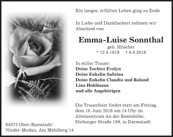 Traueranzeige von Emma-Luise Sonnthal von Trauerportal Echo Online