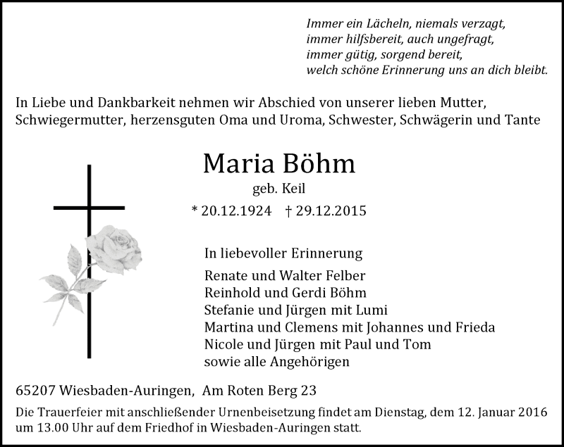  Traueranzeige für Maria Böhm vom 05.01.2016 aus  Wiesbaden komplett