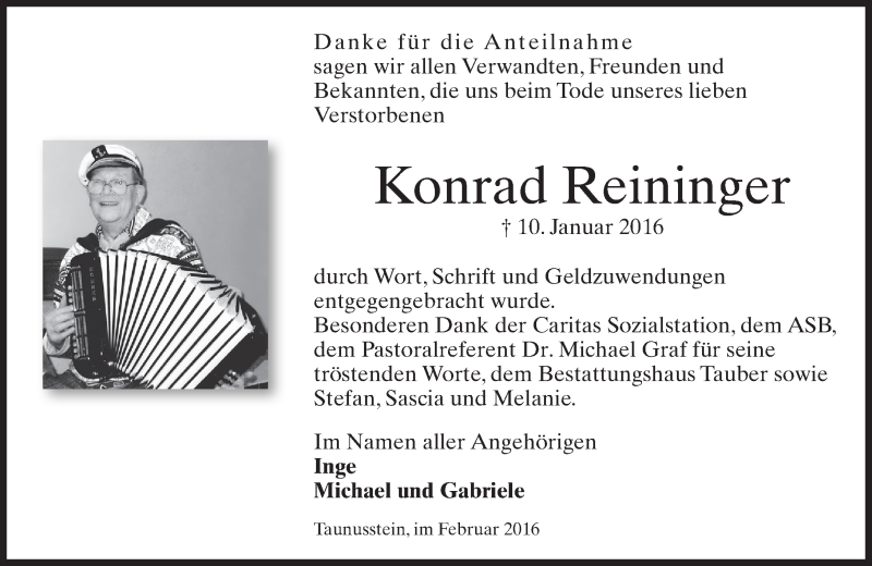  Traueranzeige für Konrad Reininger vom 06.02.2016 aus  Wiesbaden komplett