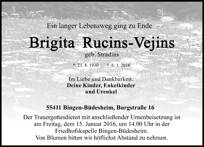  Traueranzeige für Brigita Rucins-Vejins vom 13.01.2016 aus  Allgemeine  Zeitung Ingelheim-Bingen
