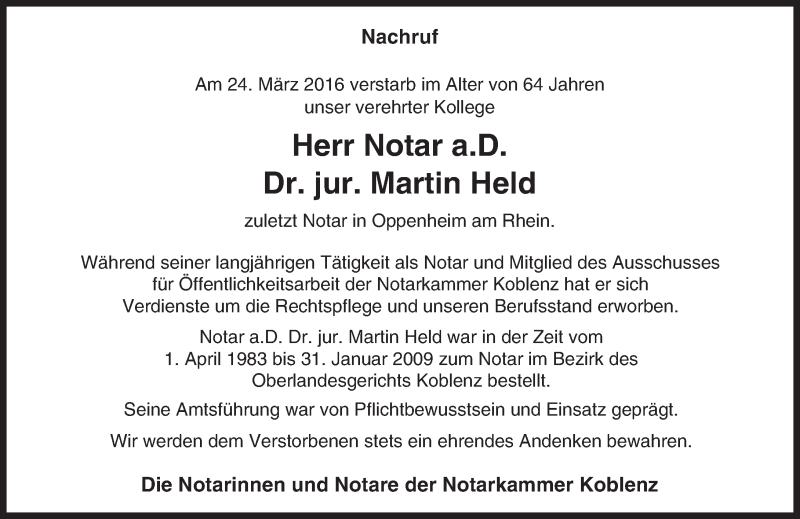  Traueranzeige für Martin Held vom 02.04.2016 aus  Landskrone