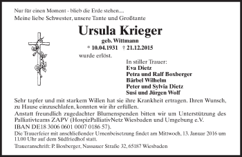 Traueranzeige von Ursula Krieger von  Wiesbaden komplett