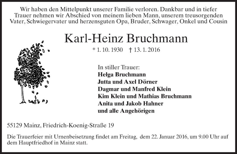 Traueranzeige für Karl-Heinz Bruchmann vom 16.01.2016 aus  Allgemeine Zeitung Mainz