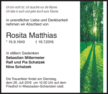 Traueranzeige von Rosita Matthias von Trauerportal Rhein Main Presse
