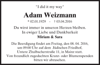 Traueranzeige von Adam Weizmann von  Wiesbaden komplett