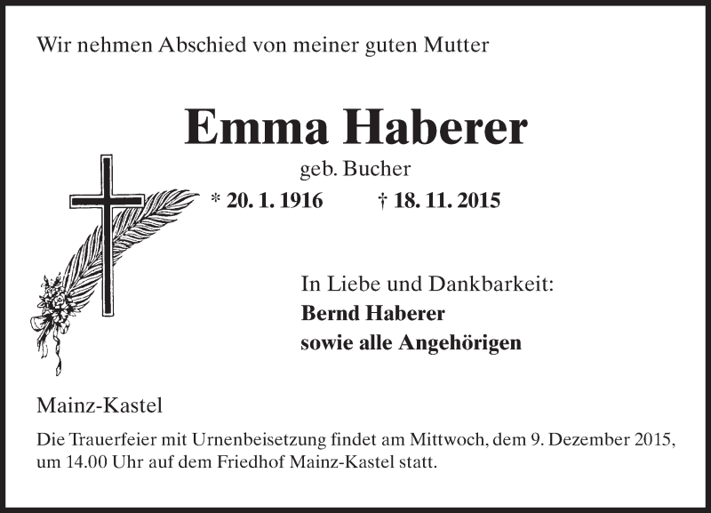  Traueranzeige für Emma Haberer vom 05.12.2015 aus  Allgemeine Zeitung Mainz