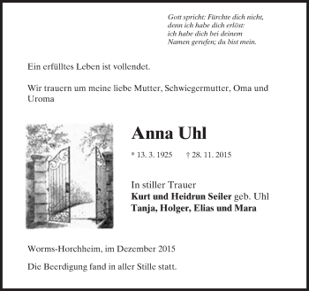 Traueranzeige von Anna Uhl von  Wormser Zeitung