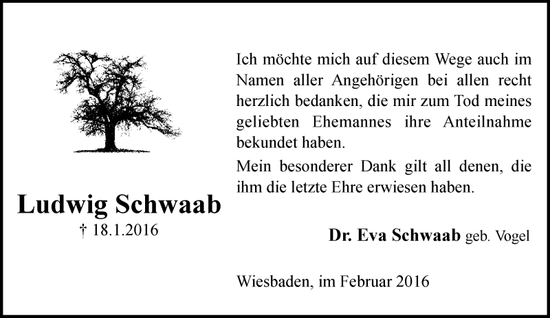  Traueranzeige für Ludwig Schwaab vom 13.02.2016 aus  Wiesbaden komplett
