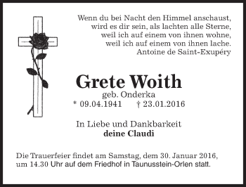 Traueranzeige von Grete Woith von  WK-UTA/Aar-Bote