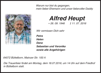 Traueranzeige von Alfred Heupt von Trauerportal Echo Online
