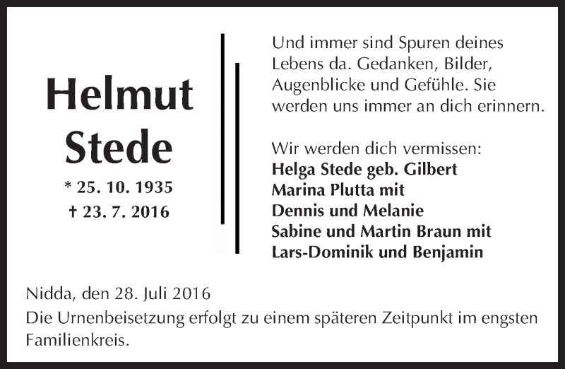  Traueranzeige für Helmut Stede vom 28.07.2016 aus  Kreisanzeiger