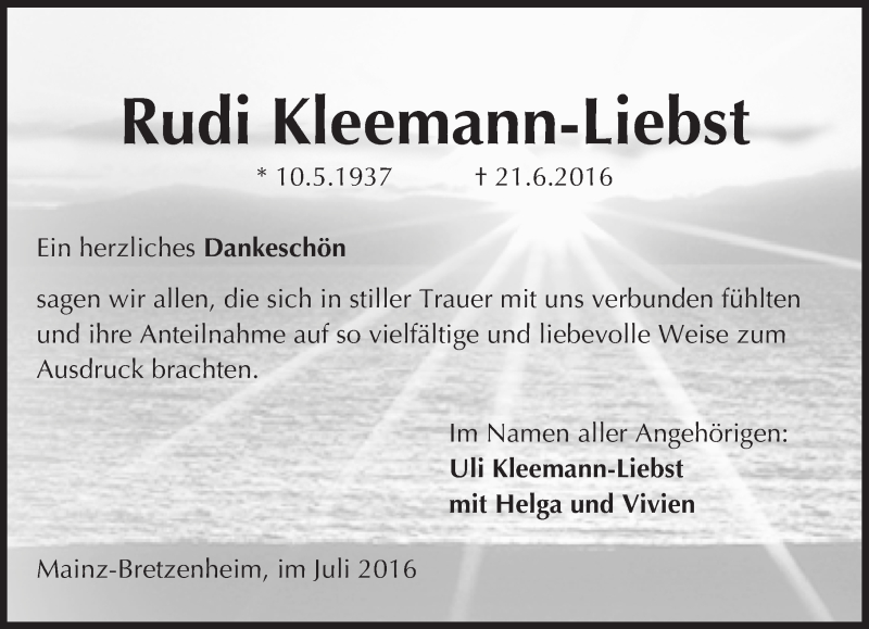  Traueranzeige für Rudi Kleemann-Liebst vom 30.07.2016 aus Trauerportal Rhein Main Presse