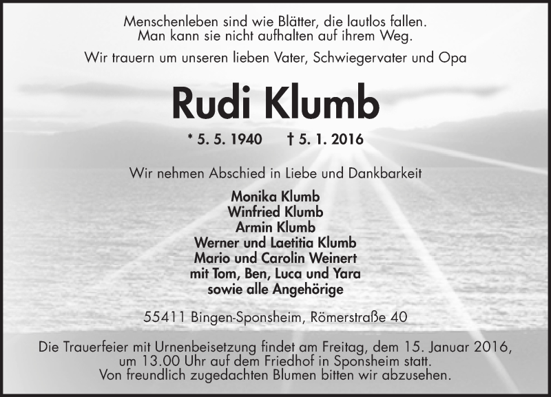  Traueranzeige für Rudi Klumb vom 09.01.2016 aus  Allgemeine  Zeitung Ingelheim-Bingen
