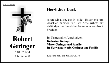 Traueranzeige von Robert Geringer von  OK Oberhessen Kurier