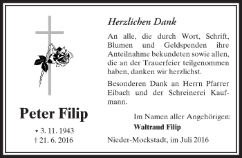 Traueranzeige von Peter Filip von  Sonntags Anzeiger