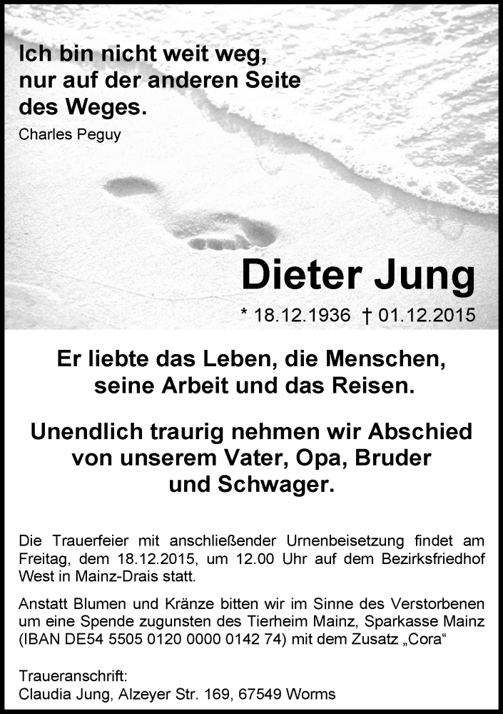  Traueranzeige für Dieter Jung vom 12.12.2015 aus  Allgemeine Zeitung Mainz