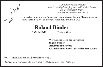 Traueranzeige von Roland Binder von  Hofheimer Zeitung