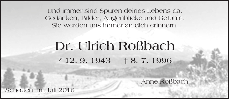  Traueranzeige für Ulrich Roßbach vom 08.07.2016 aus  Kreisanzeiger