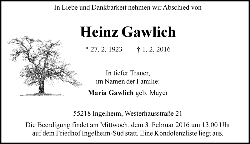  Traueranzeige für Heinz Gawlich vom 02.02.2016 aus  Allgemeine  Zeitung Ingelheim-Bingen