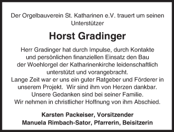 Traueranzeige von Horst Gradinger von Trauerportal Rhein Main Presse