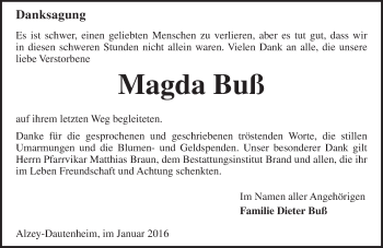 Traueranzeige von Magda Buß von  Allgemeine Zeitung Alzey