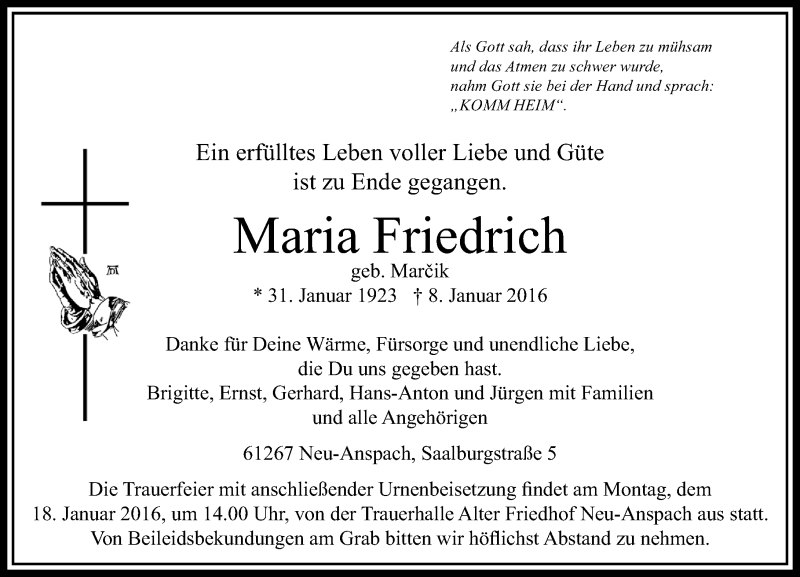  Traueranzeige für Maria Friedrich vom 13.01.2016 aus  Usinger Anzeiger
