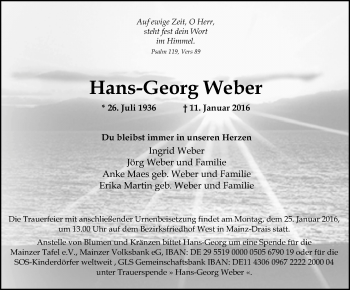 Traueranzeige von Hans-Georg Weber von  Allgemeine Zeitung Mainz