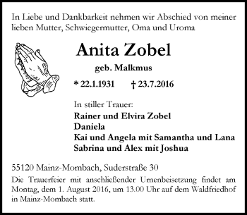 Traueranzeige von Anita Zobel von Trauerportal Rhein Main Presse