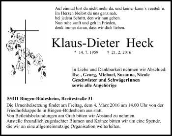 Traueranzeige von Klaus-Dieter Heck von  Allgemeine  Zeitung Ingelheim-Bingen