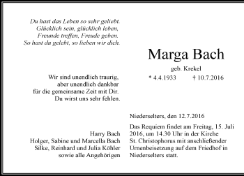Traueranzeige von Marga Bach von  Camberger Anzeiger