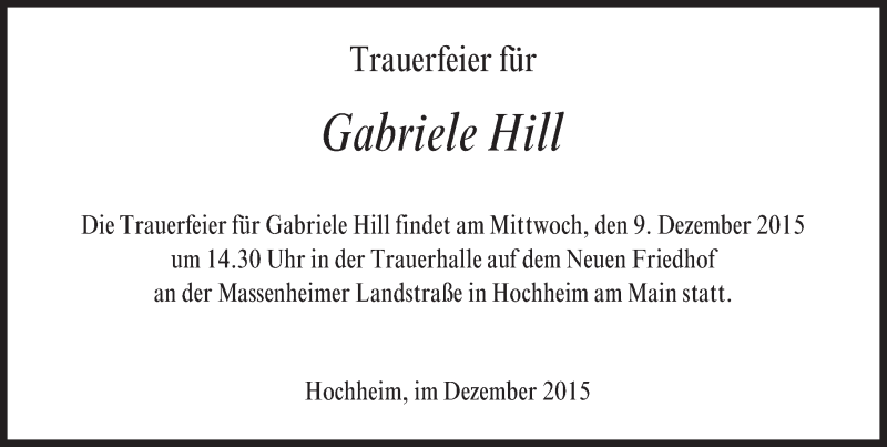  Traueranzeige für Gabriele Hill vom 05.12.2015 aus  Wiesbaden komplett