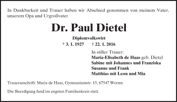 Traueranzeige von Paul Dietel von  Wormser Zeitung