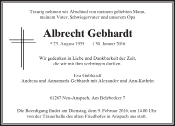 Traueranzeige von Albrecht Gebhardt von  Usinger Anzeiger