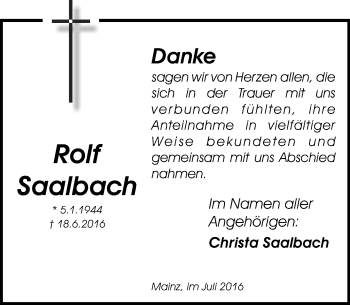 Traueranzeige von Rolf Saalbach von Trauerportal Rhein Main Presse