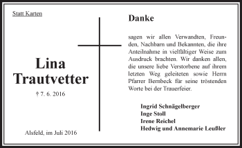 Traueranzeige von Lina Trautvetter von  OK Oberhessen Kurier