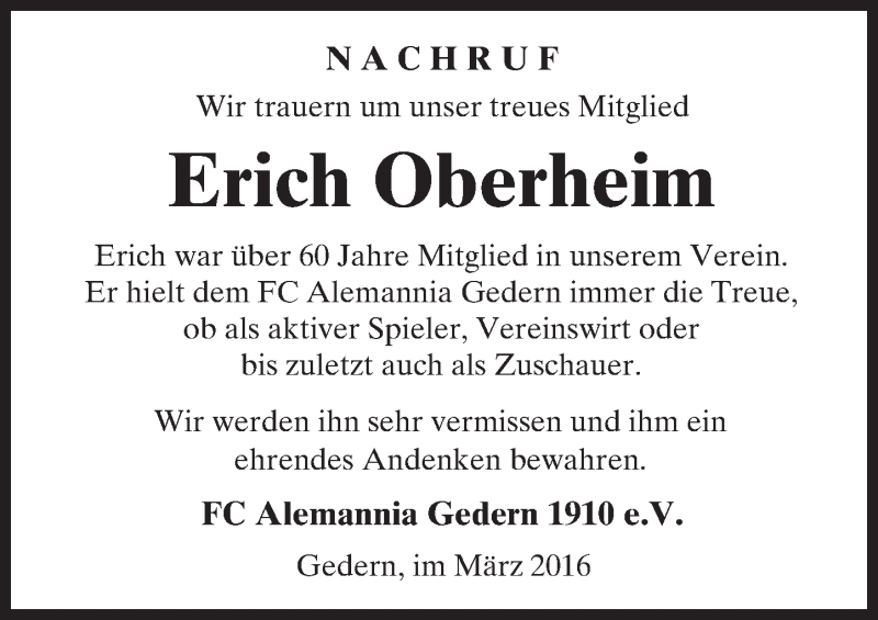  Traueranzeige für Erich Oberheim vom 02.03.2016 aus  Kreisanzeiger