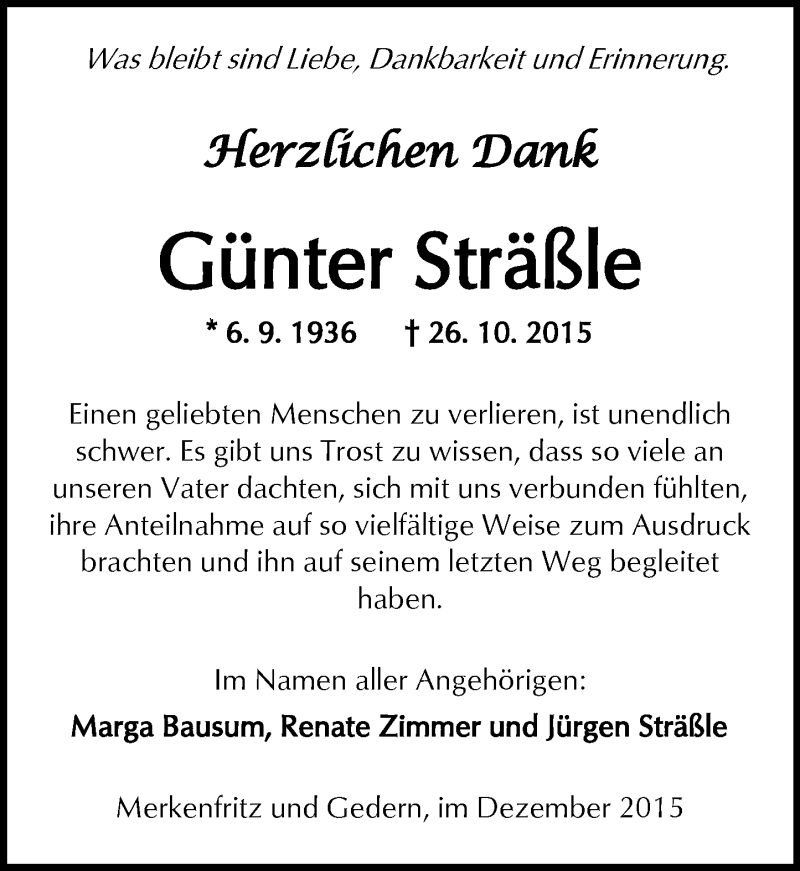 Traueranzeige für Günter Sträßle vom 05.12.2015 aus  Sonntags Anzeiger