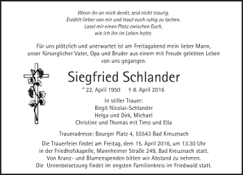Traueranzeige von Siegfried Schlander von  Usinger Anzeiger